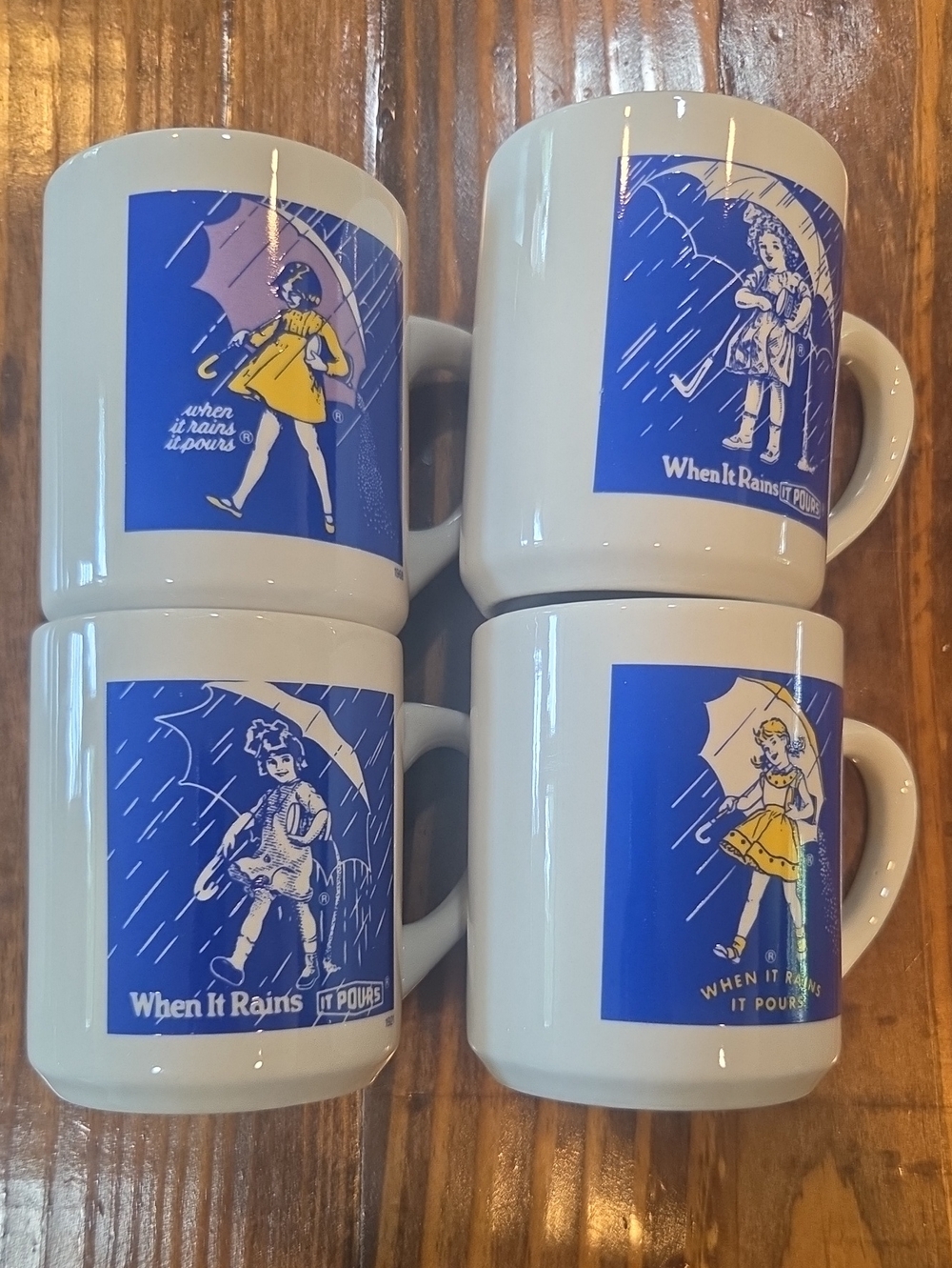 Vintage When It Rains It Pours Blue and Yellow Ceramic Mug - Set of 4